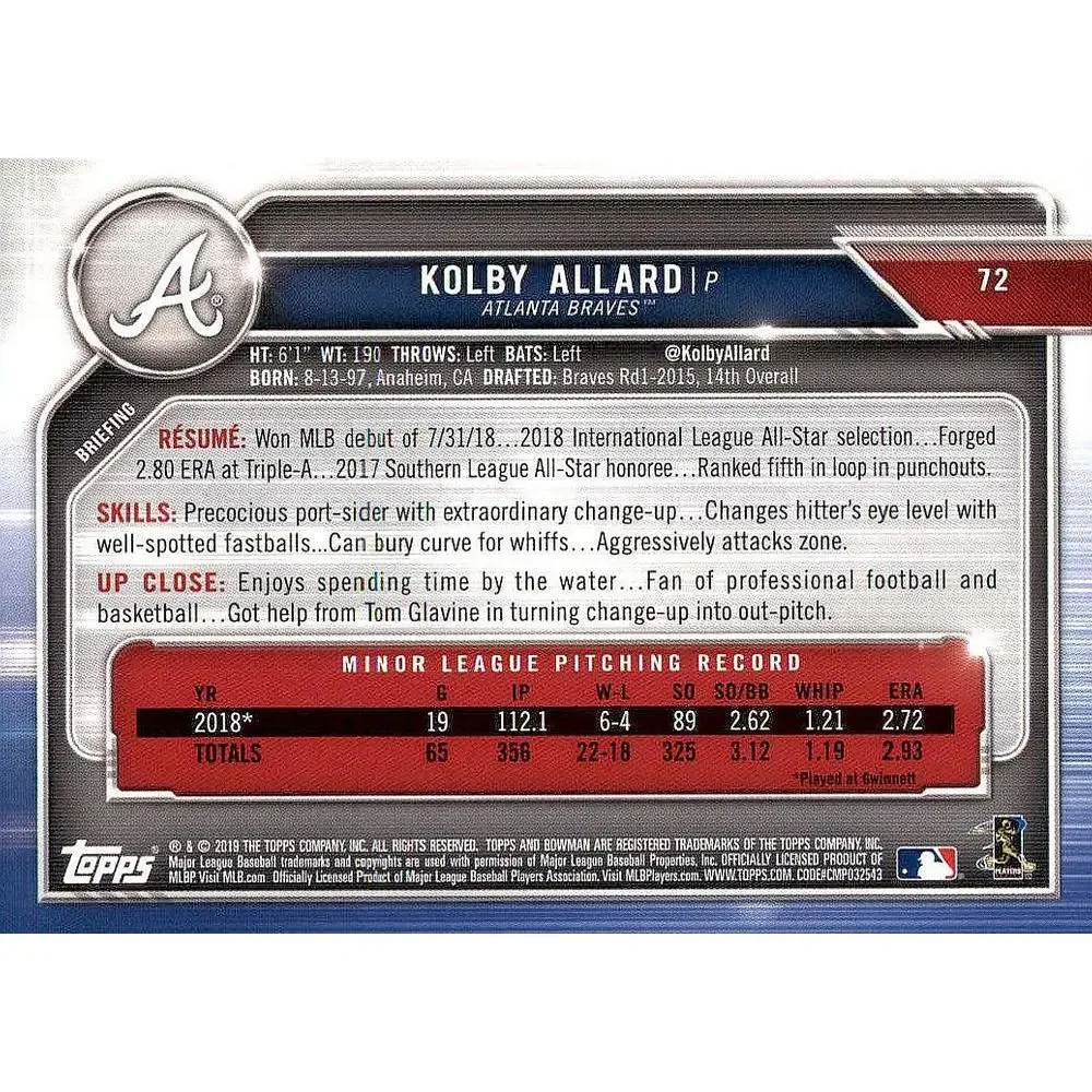 2019 Bowman Kolby Allard RC #72 Atlanta Braves